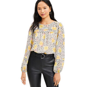 LOFT Shimmer Floral Pleated Blouse Yellow Black Multi Long Sleeve Women's Medium
